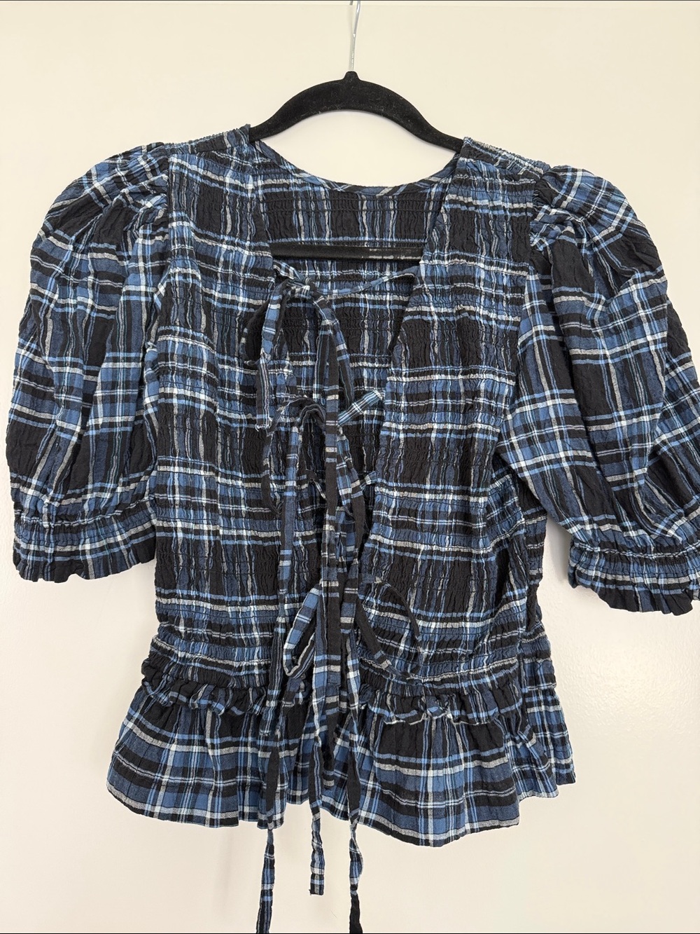Blue Plaid reversible puff sleeve top